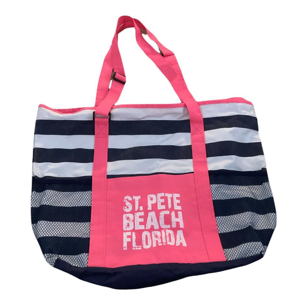 Beach Bag Tote Pink w Blue Striped Canvas Double Handle St. Pete Beach Florida